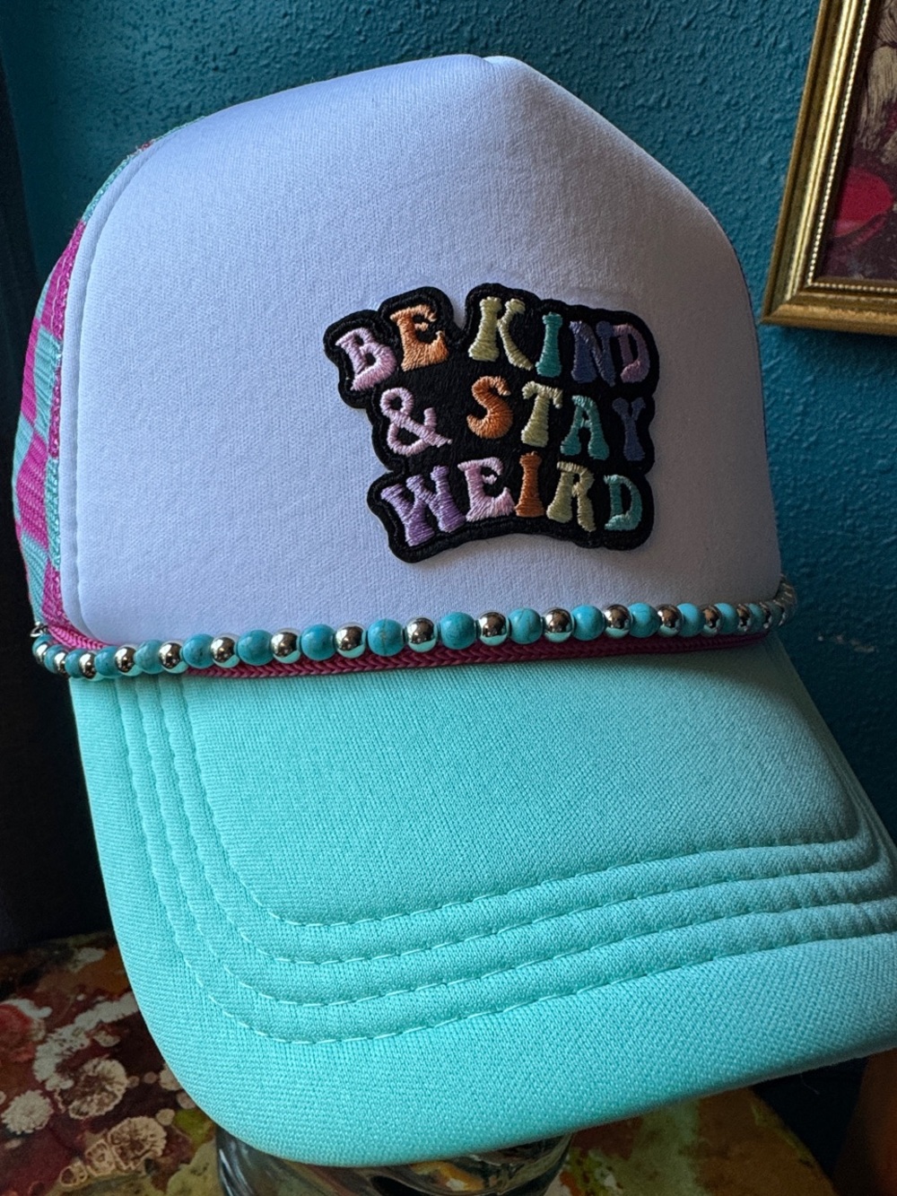 ✨ 2 for $40 ✨ 'Be Kind & Stay Weird' Aqua Trucker Hat